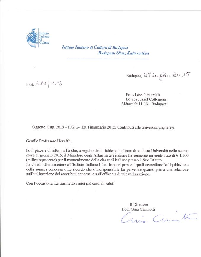 Olasz Külügyminisztérium támogatása az olasz nyelv tanítására 2015